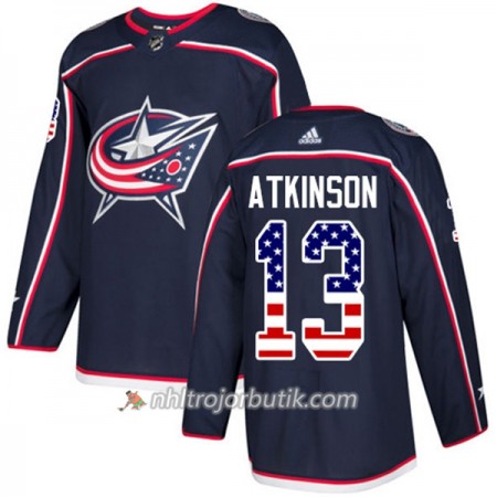 Män Ishockey Blue Jackets Tröja Cam Atkinson 13 Adidas 2017-2018 Marinblå USA Flag Fashion Authentic
